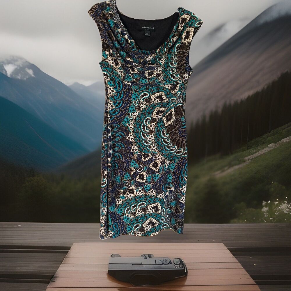 Connected Apparel Dress 10 Floral Paisley Sleeveless Brown Teal A-line Excellent